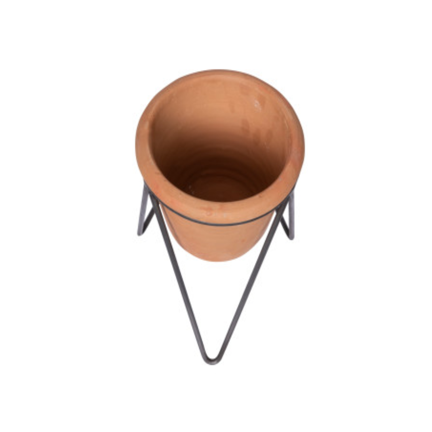 A terracotta pot with metal stand, viewed from a slight angle, displaying the pot's brown color and the metallic legs supporting it.